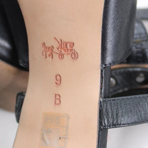 Coach Black Rhonda Open-Toe Leather Studded Straps Stacked Heels Pumps Size 9 - Picture 3 of 10